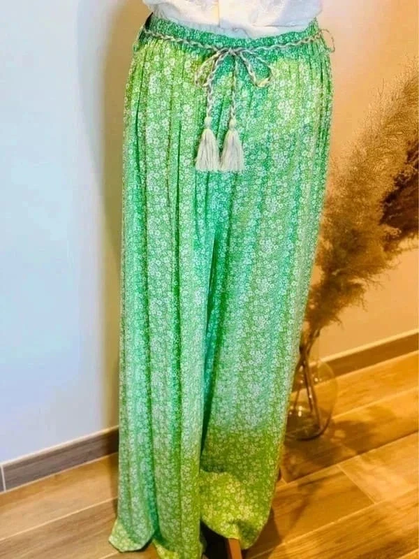 Pantalon fluide Palazzo verde e flor branca especial grande – photo 6